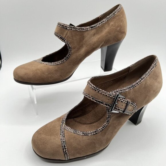 Aerosoles 9M Water Roll Taupe Comfort Pump MaryJane Snakeskin Trim Faux suede - Picture 3 of 12